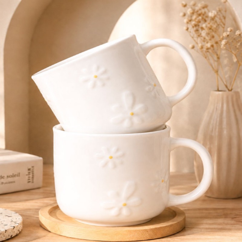 ဖောင်းကြွနေသော Daisy Ceramic ကော်ဖီခွက်