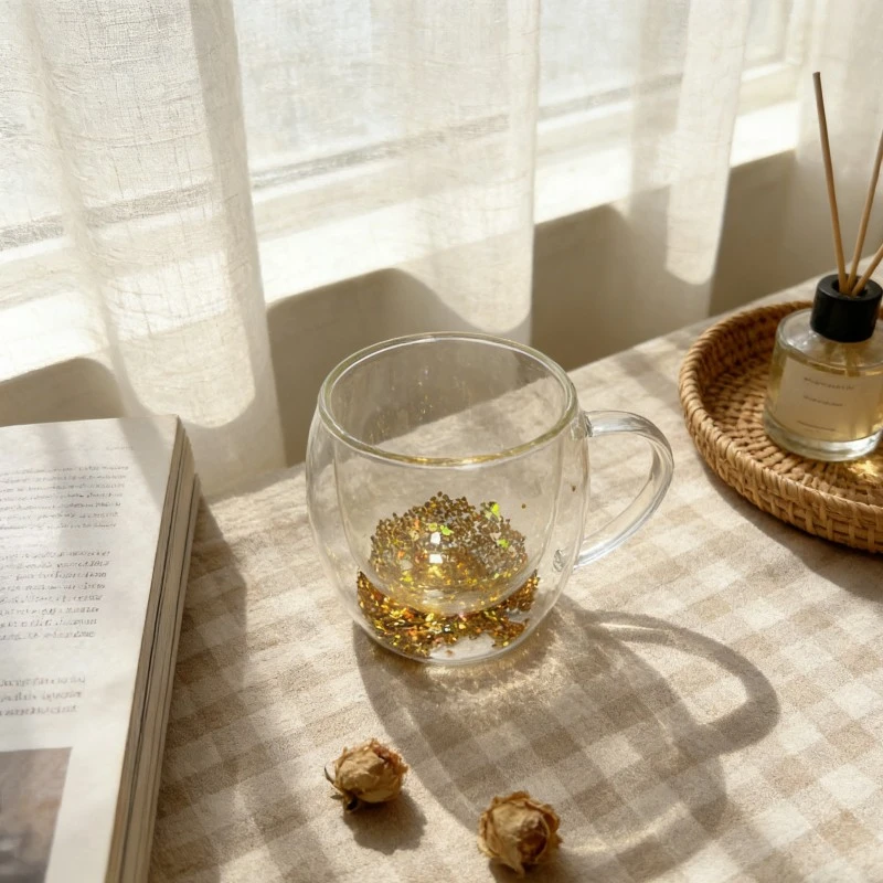 Glitter Filled Double Wall Glass Mug