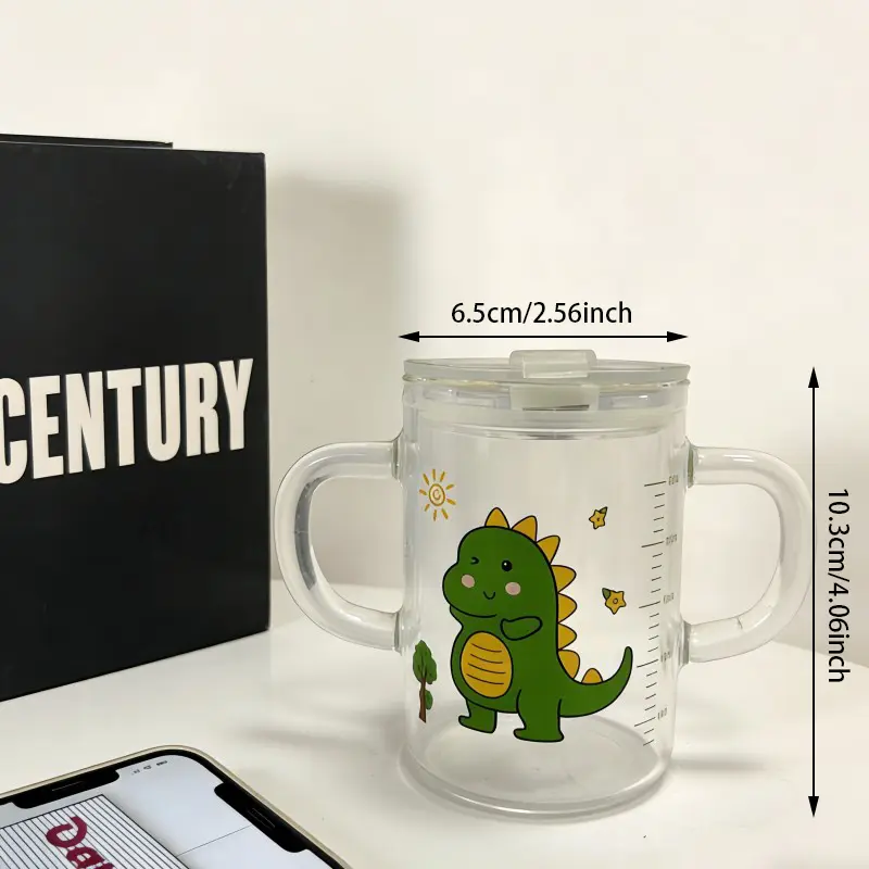 Kids Dual Handle Glass Sippy Cup With Dinosaur Print