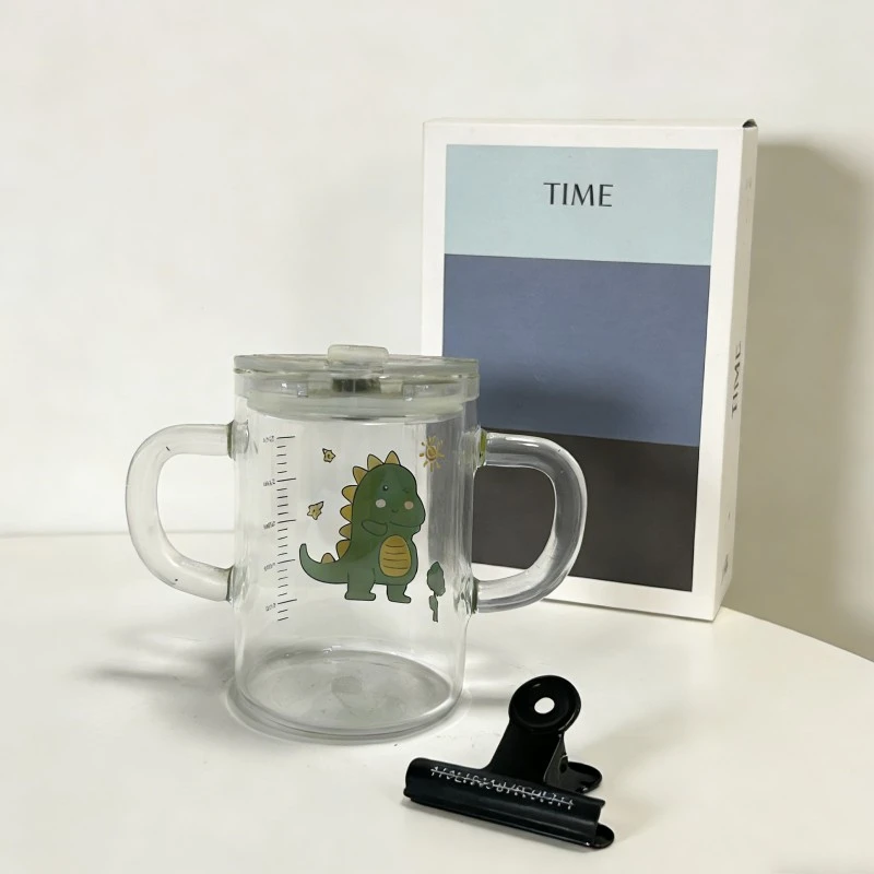 Kids Dual Handle Glass Sippy Cup With Dinosaur Print