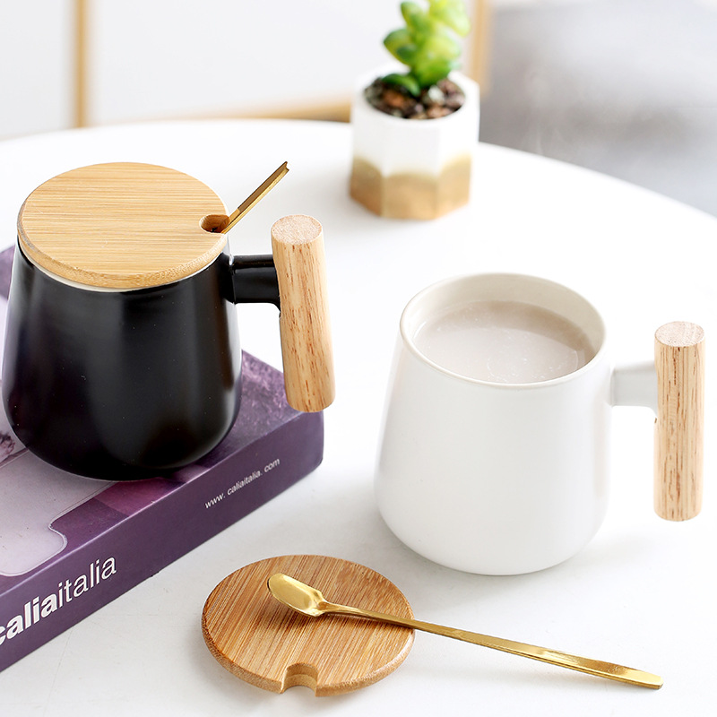 Matte Ceramic Mug Wood Handle Lid Spoon Home လက်ဆောင်